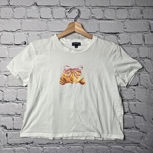 Originality 100% Cotton Parisian Coquette Croissant Bow Print Crop Top Size Med